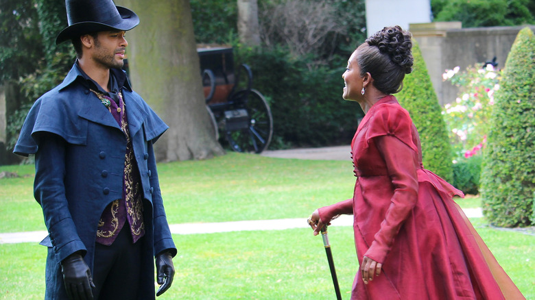 Regé-Jean Page and Adjoa Andoh in a filming for the Netflix series Bridgerton, using the Holburne Museum as the set