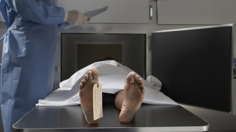 An undertaker holds notes over a corpse in the morgue with a toe tag