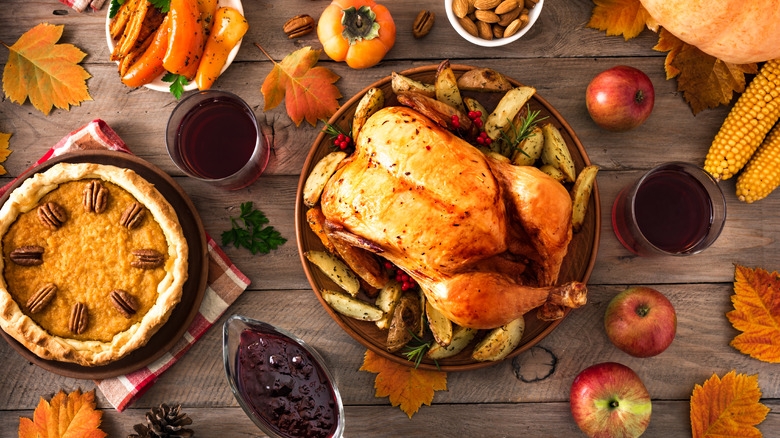 Table laid out with thanksgiving dinner