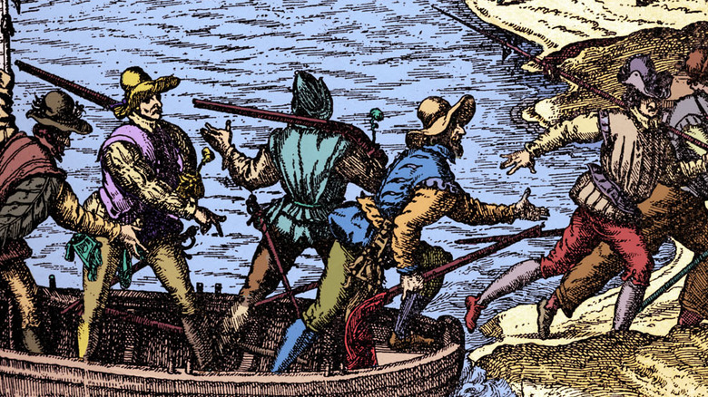 men rush ashore