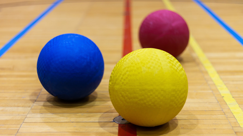 Dodgeballs on a hardwood court