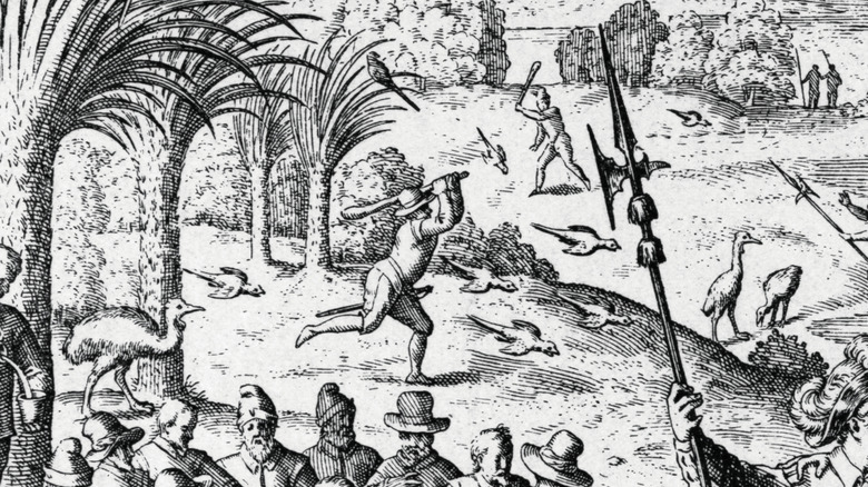 Vintage sketch of sailors hunting wildlife on Mauritius Island