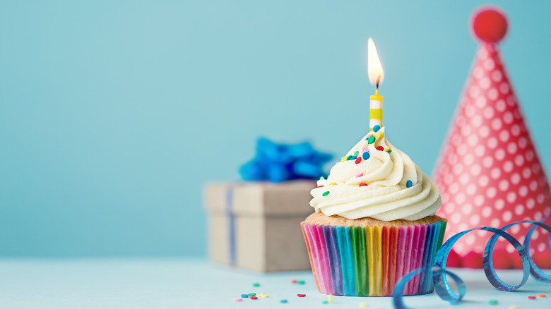 Birthday cupcake, party hat, present