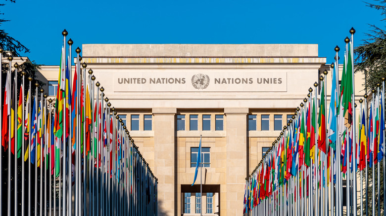 Flags outside the UN building in Geneva
