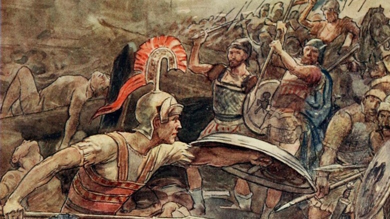 ancient greek warrior fighting massive army 