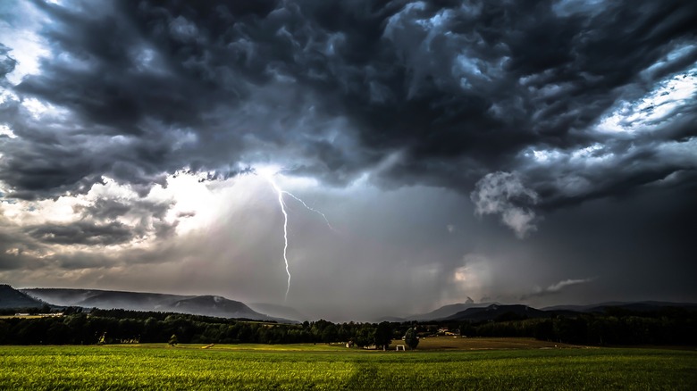 Lightning strikes from dark clouds