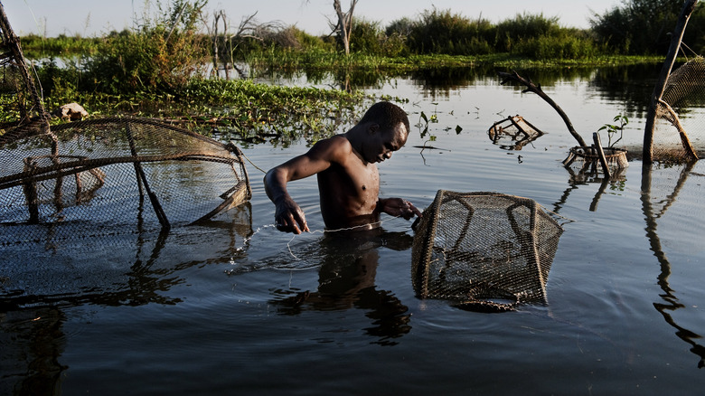 a man fishes in the reduced remnant of Lake Chad