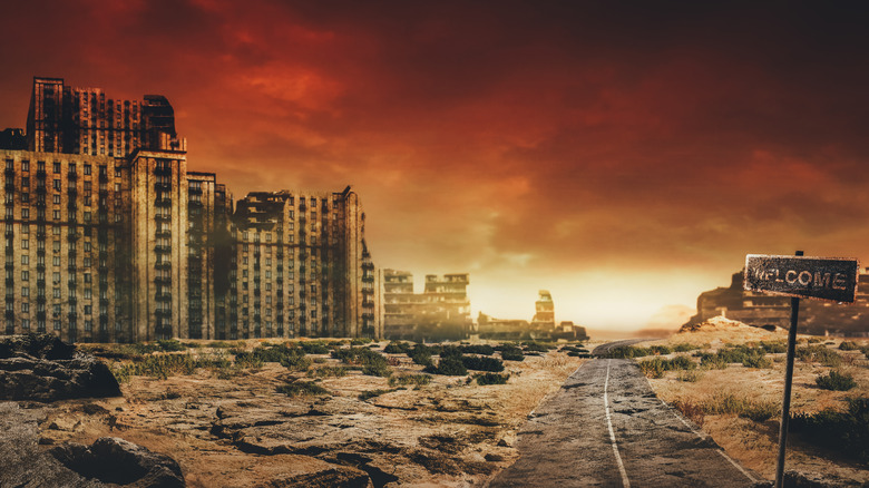 empty post-apocalyptic city ruins sunset