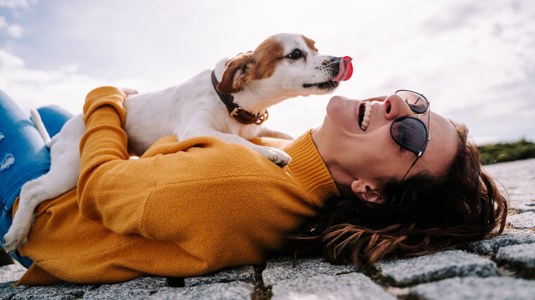 Dog lying on woman