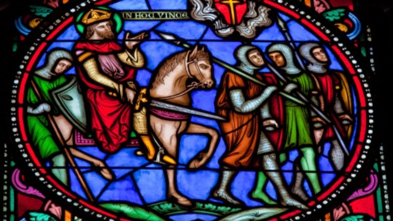 stained glass window portraying crusaders
