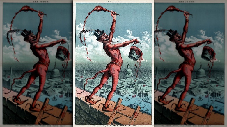 Cartoon from the magazine "The Judge". "Democracy" is portrayed as the devil holding a bucket labeled "Bourbon Principles" and a paintbrush (in which appears a profile caricature of Grover Cleveland), both dripping red paint with which he plans to "paint the town"