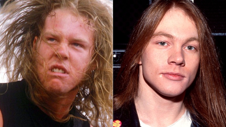 James Hetfield of Metallica sneering on stage, and Axl Rose smirking at camera
