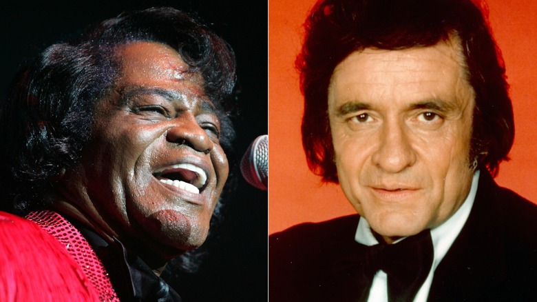 James Brown smiling as he sings into microphone, Johnny Cash in tuxedo in 70s publicity still