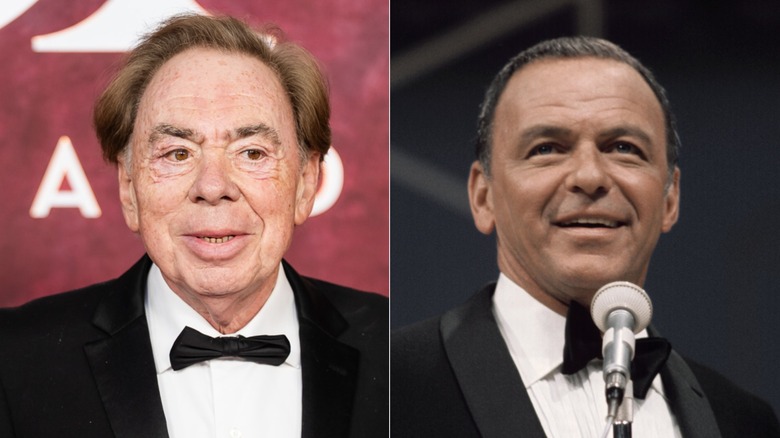Andrew Lloyd Webber looking to side in tuxedo, Frank Sinatra smiling on stage in tuxedo in the 1960s