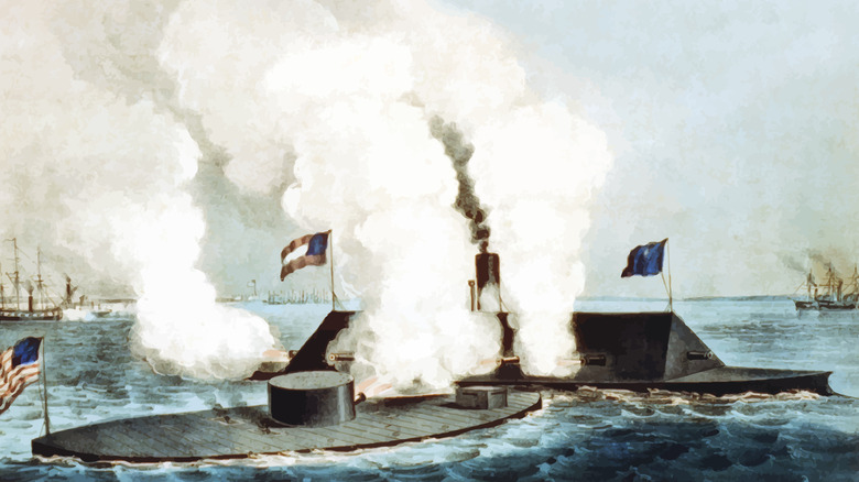 Ironclad warships fighting during the Civil War