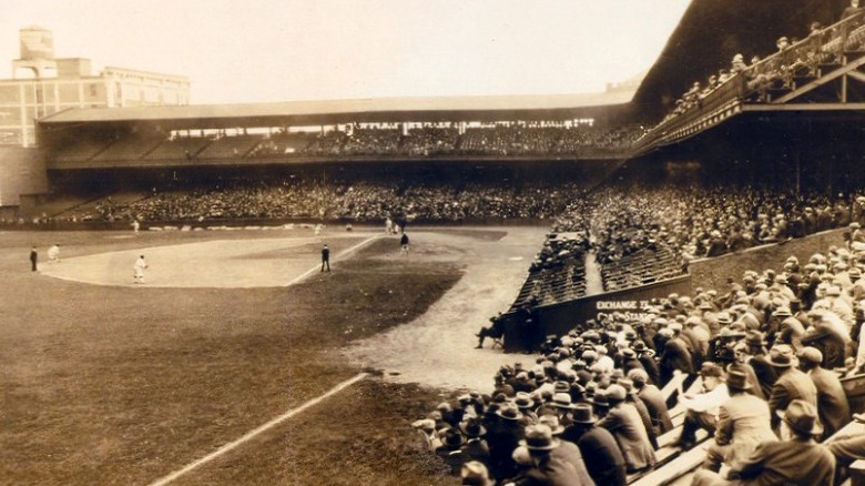 View from bleachers looking towards baseball diamond sepia