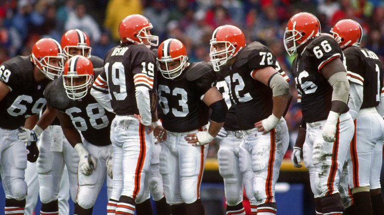 Kosar-era Browns red helmets lined up