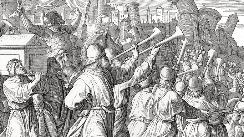 Playing trumpets outside Jericho, illustration