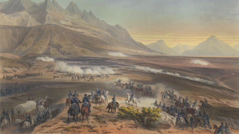 Battle of Buena Vista (February 23, 1847) in the Mexican-American War. Hand-colored lithograph, 1851