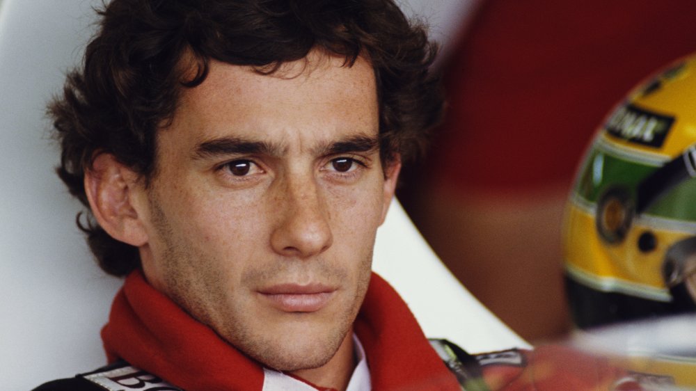 A close-up shot of racing driver Ayrton Senna