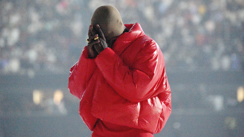 Kanye West performing in 2021 at the Mercedes-Benz Stadium