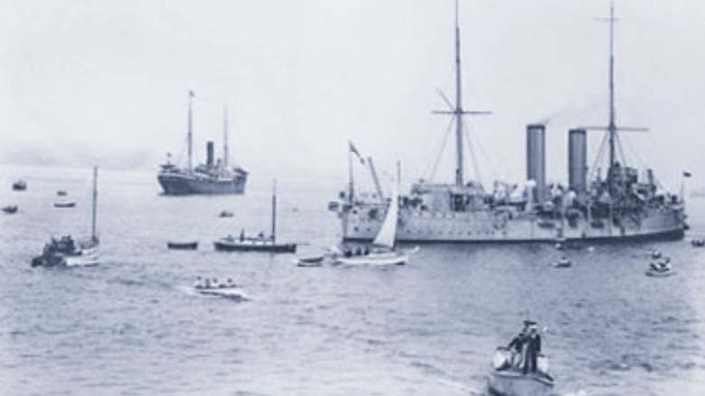 Komagata Maru being escorted out by HMCS Rainbow