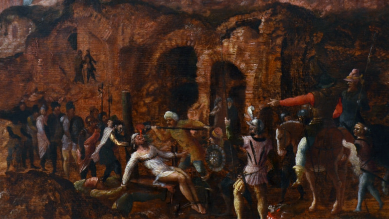 painting of molten gold poured down a Roman's throat