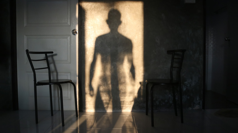 man's shadow standing by door