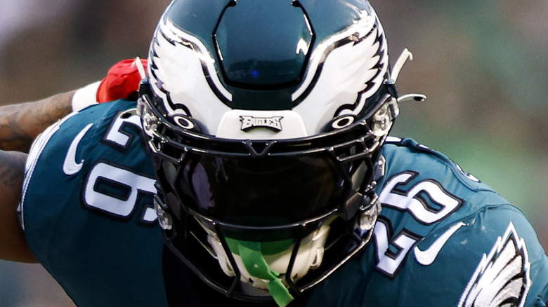 A Philadelphia Eagles player helmet mask