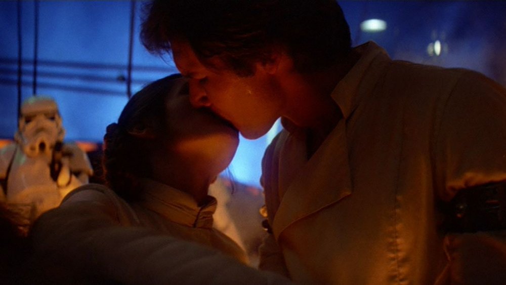 Carrie Fisher and Leia and Harrison Ford as Han in The Empire Strikes Back