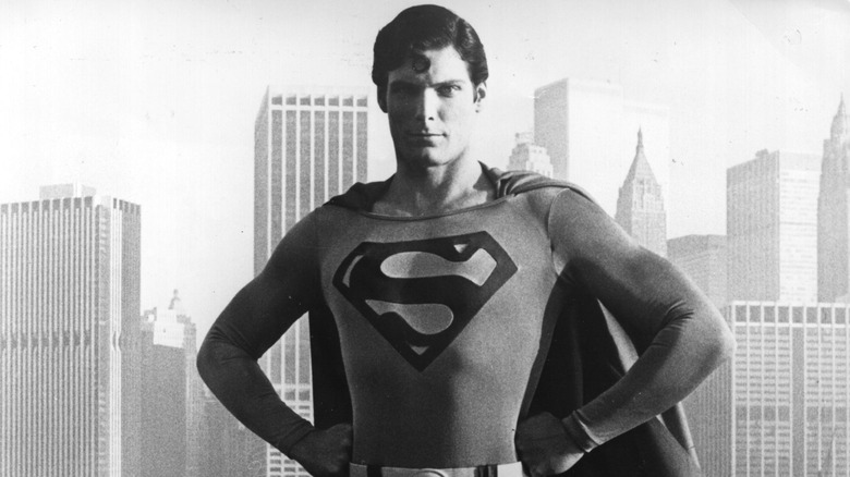 Christopher Reeve as Superman city skyline