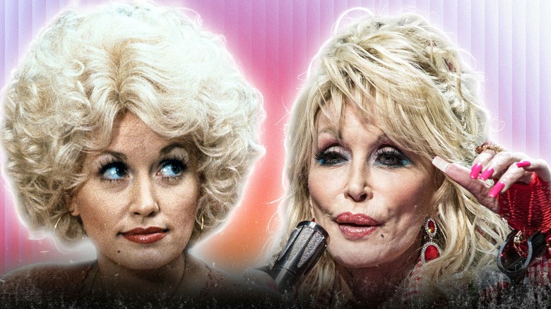 side by side photos of young Dolly Parton and older Dolly Parton