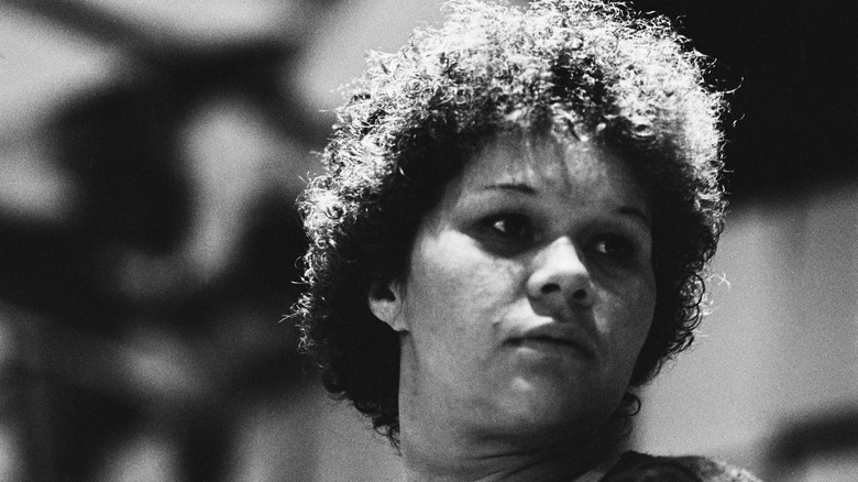 Etta James on stage black and white photo