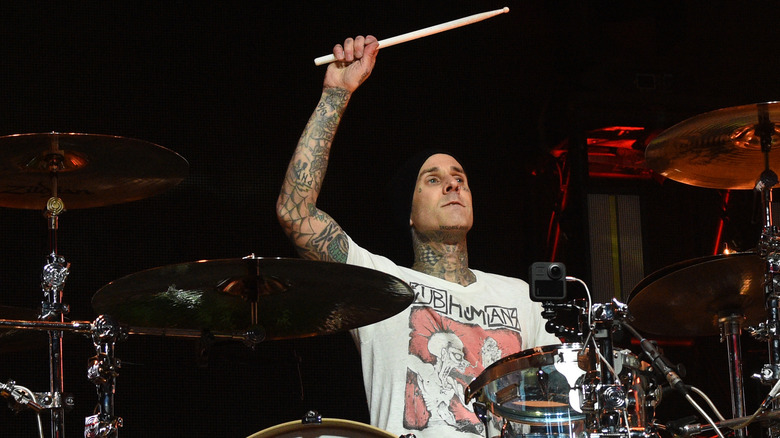 Travis Barker behind a drum kit