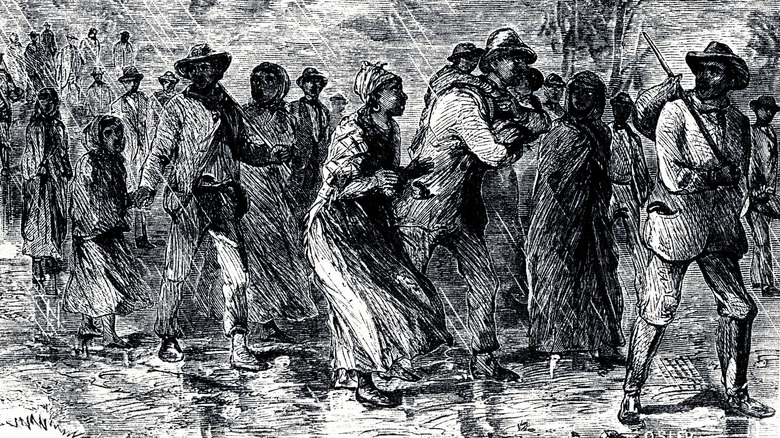 Drawing of slaves walking in rain
