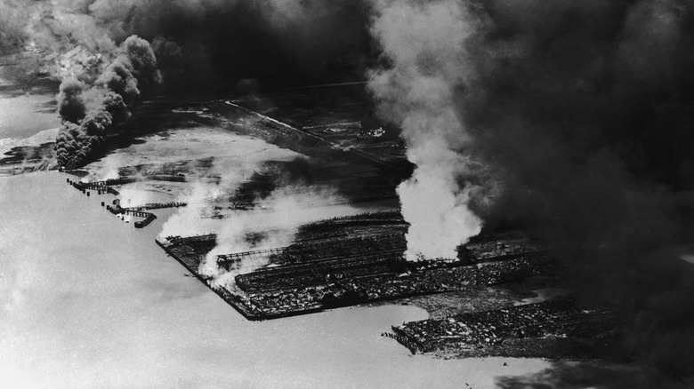 Burning warehouses on the coast during the Texas City Disaster