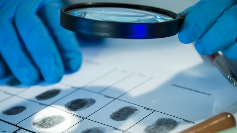 Figure examining finger prints magnifying glass