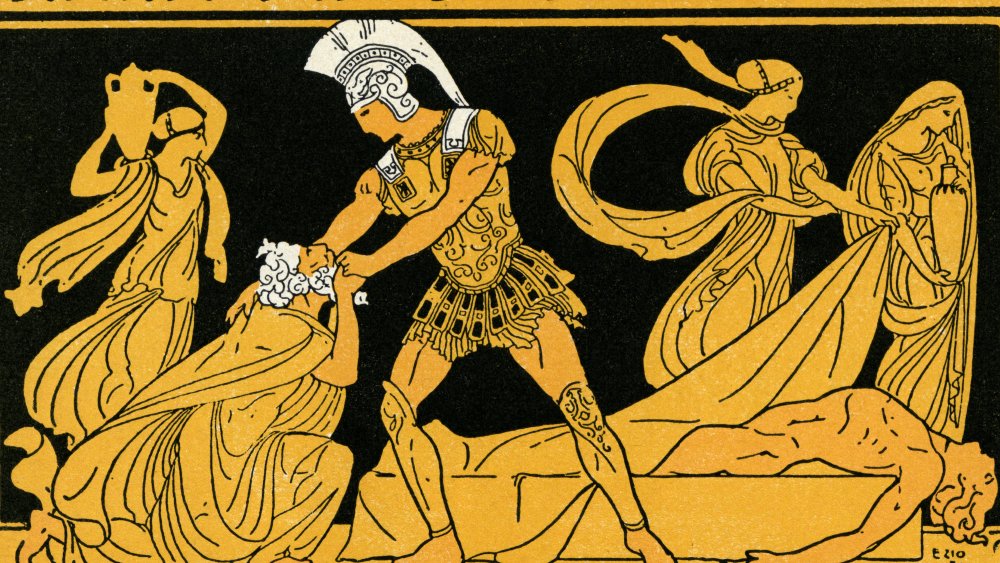 Illustration (by Ezio Anichini) shows Priam, king of Troy, as he begs Achilles to leave the body of his son, Hector. Italy, 1911.