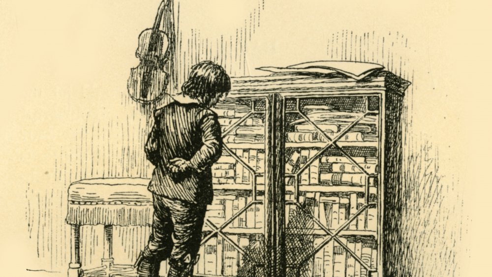 Young Johann Sebastian Bach looking at shelves of sheet music