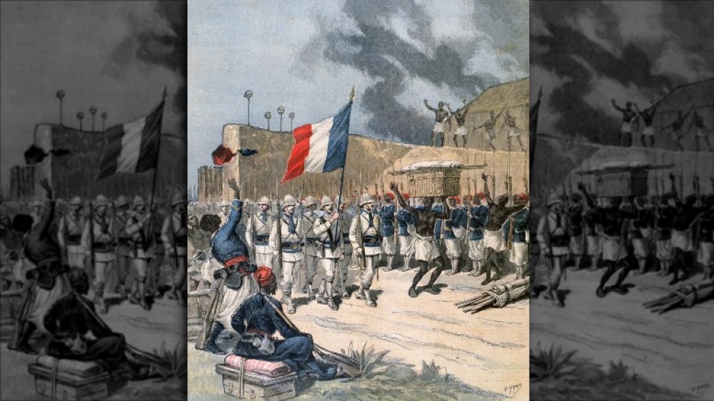 Entry of the French army into Abomey, Dahomey, Africa, 1892. 