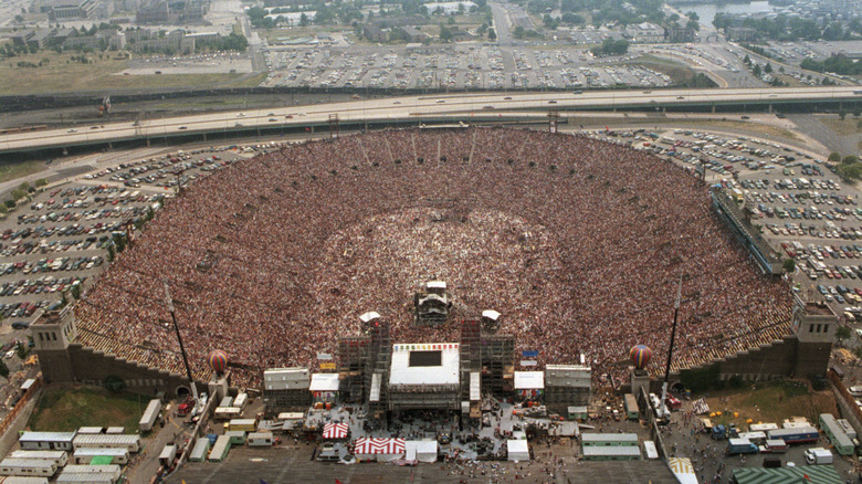 Aerial view of crowded Philadelphia stadium during Live Aid 1985