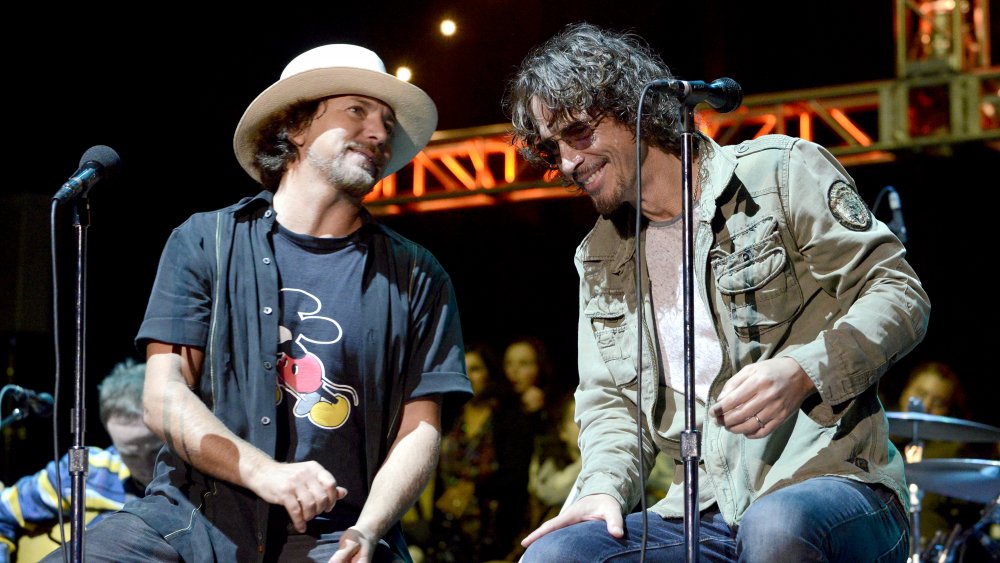 Chris Cornell and Eddie Vedder share time together on stage performing Hunger Strike for the final time in 2014.