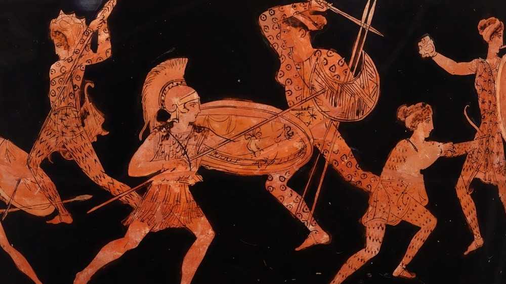 Terracotta lekythos (oil flask) showing Amazons fighting