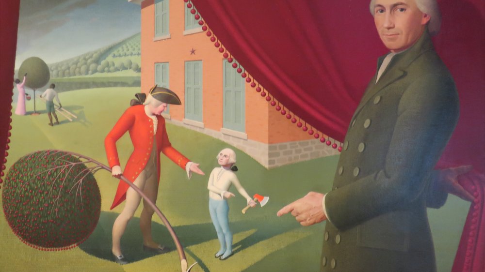 Painting depicting Parson Weems and his famous story of George Washington and the Cherry Tree