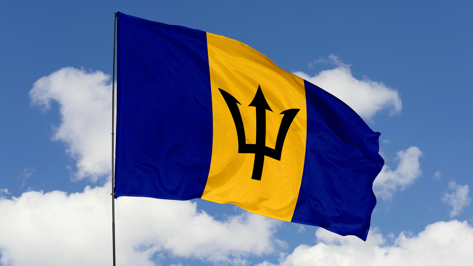 Барбадос флаг. Флаг Барбадоса. Флаг с трезубцем. Барбадос флаг фото. Флаг синий желтый синий с трезубцем.