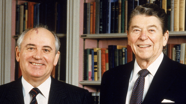 Mikhail Gorbachev and Ronald Reagan smiling