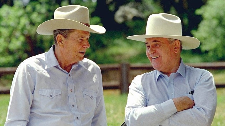Ronald Reagan and Mikhail Gorbachev in cowboy hats