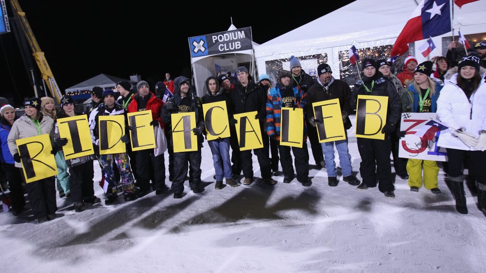 In the wake of Caleb Moore's death during Winter X-Games 2013 Aspen, friends and family support Colten Moore during the snowmobile freestyle finals at Winter X-Games 2014 Aspen at Buttermilk Mountain on January 23, 2014 in Aspen, Colorado.