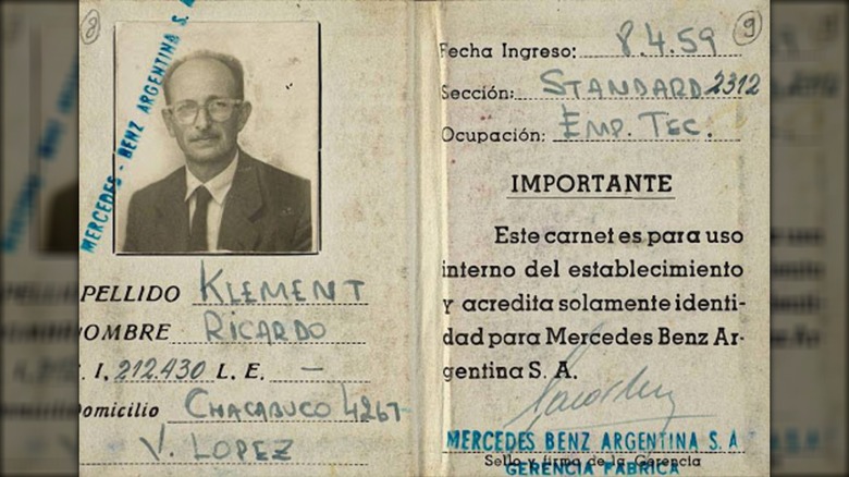 False identification document of Eichmann as Ricardo Klement.