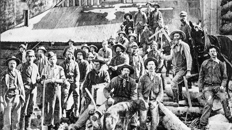 Miners in a large group photo at the mining camp in Creede, Colorado